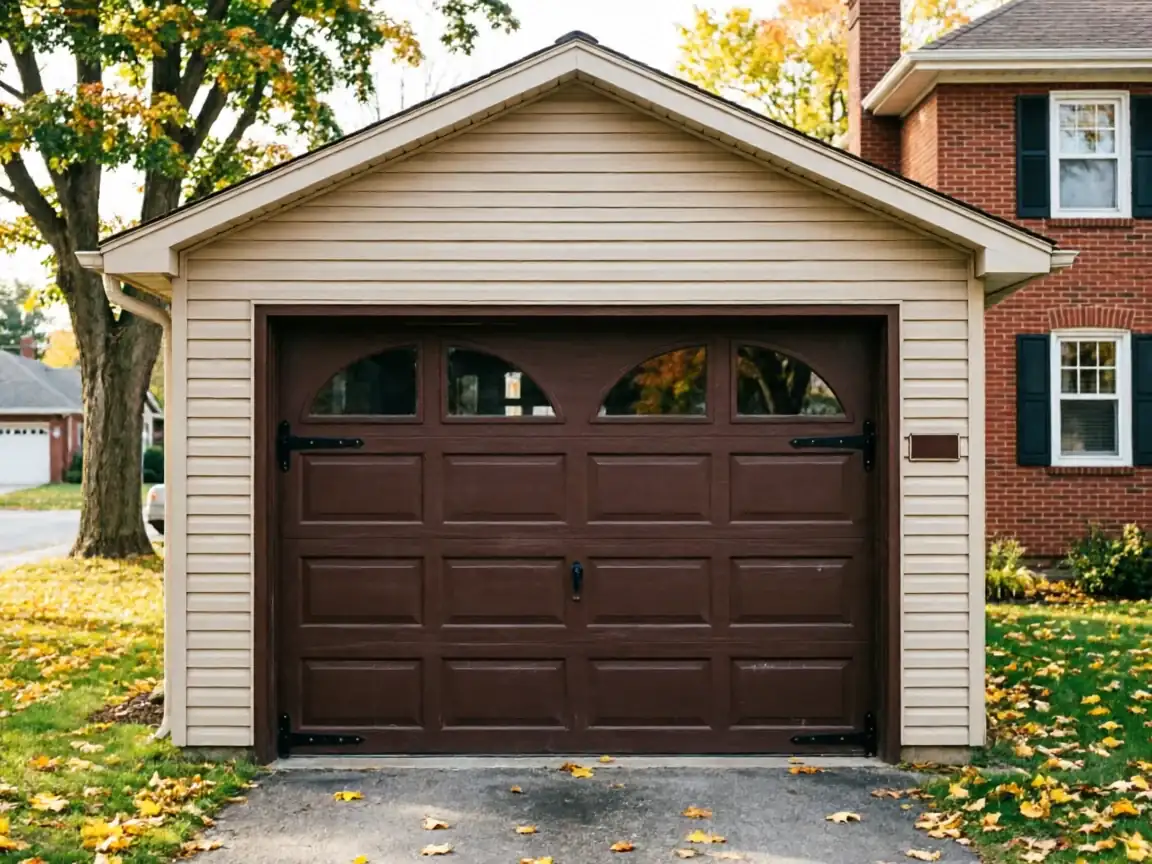 A brown garage door with arched windows is on a beige garage.