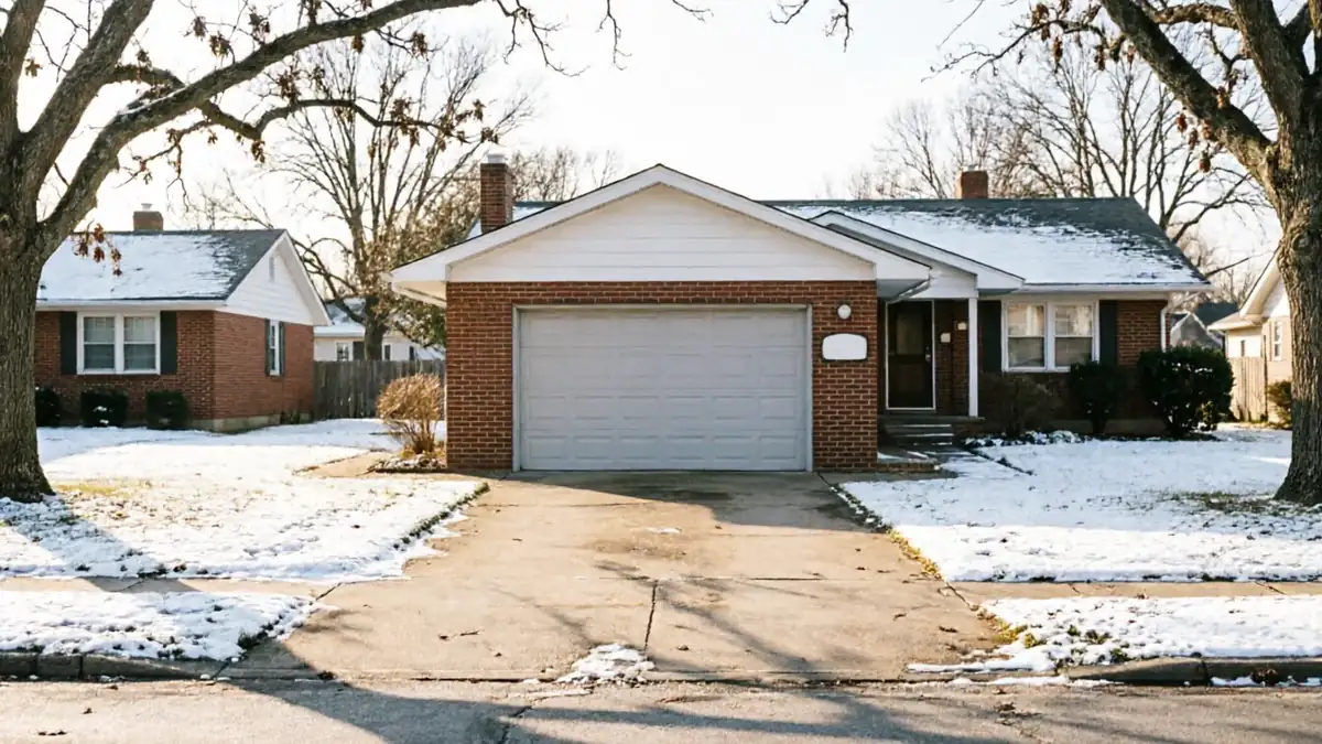 A brick house with a white garage door and a snowy lawn.