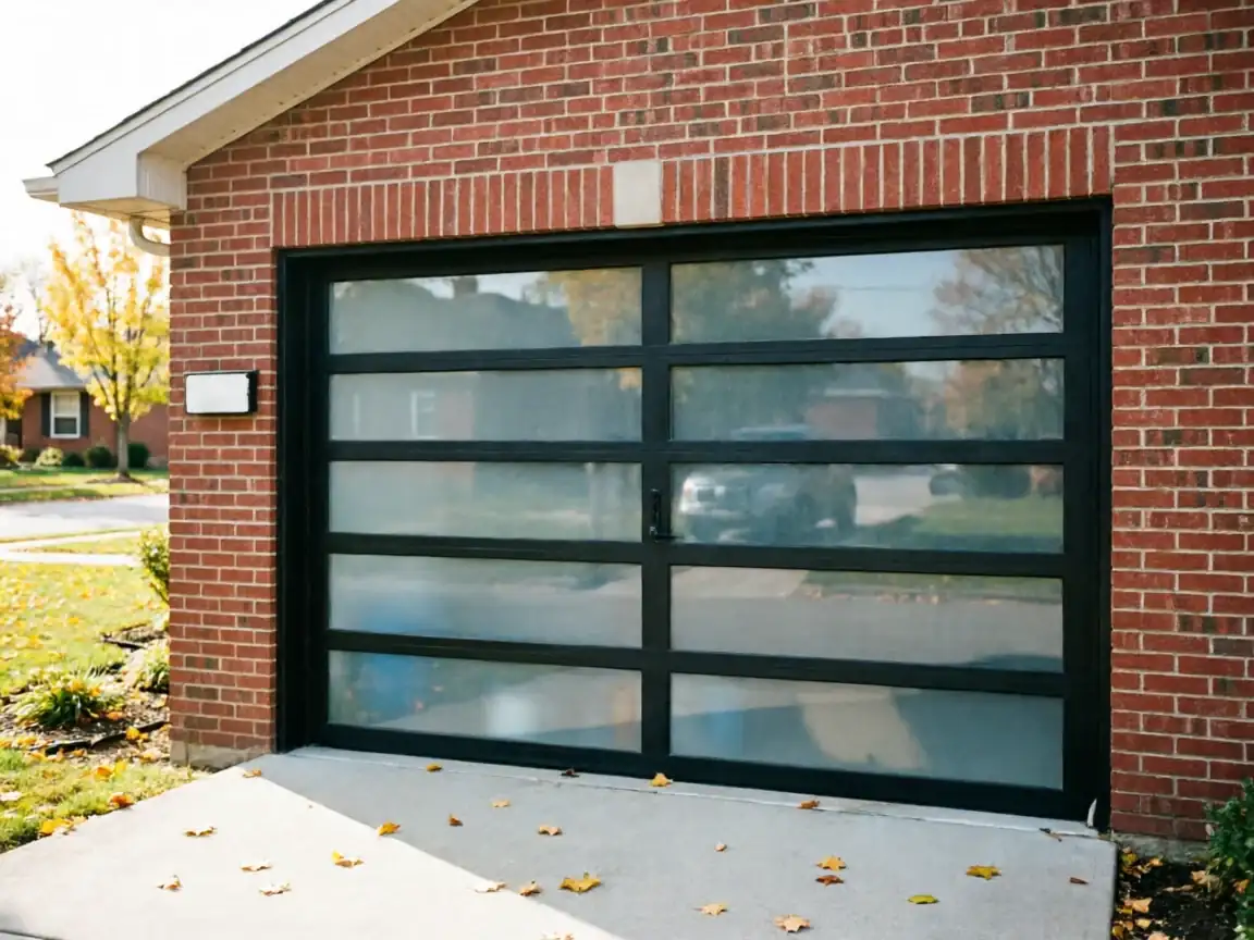 The house has a modern black garage door with frosted glass panels.