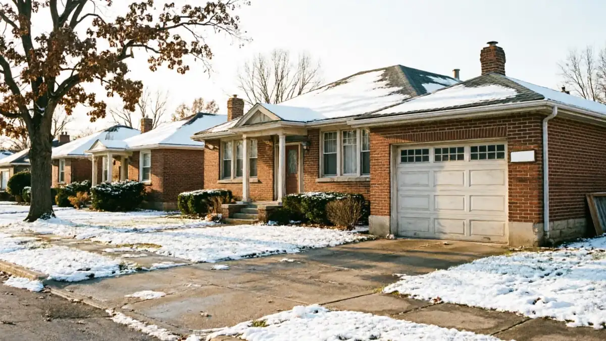 A row of brick houses with snow on the roofs and ground.