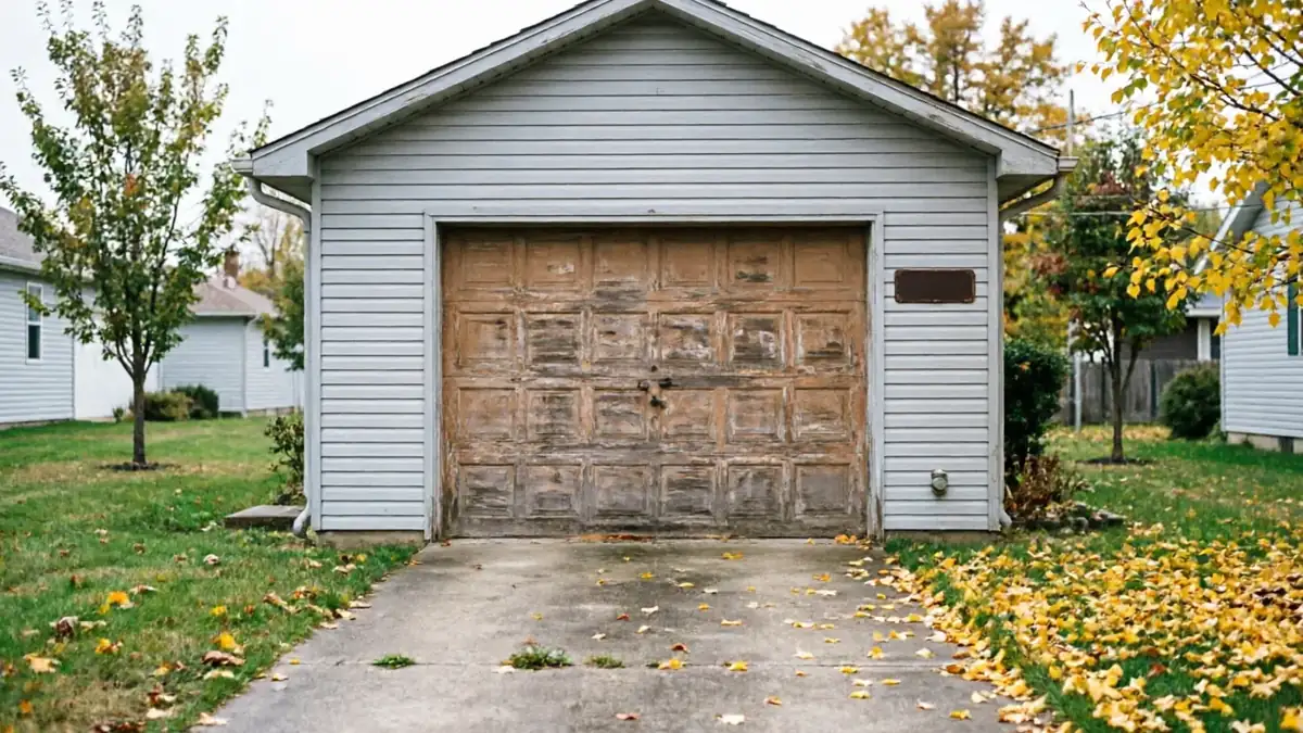 The garage has light gray siding and a weathered brown garage door.