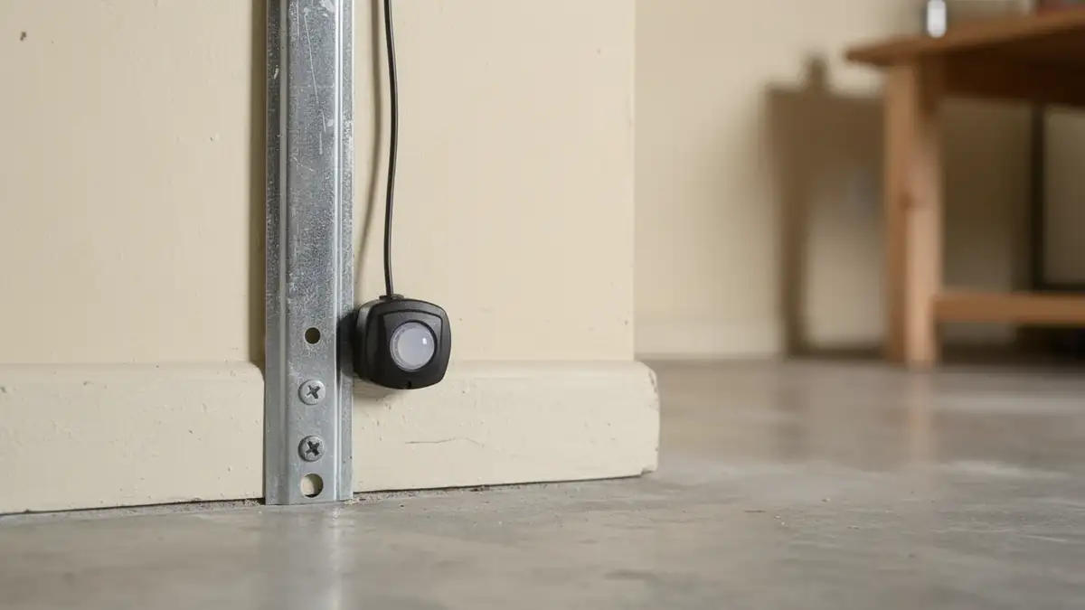 A garage door safety sensor is mounted on a metal track.