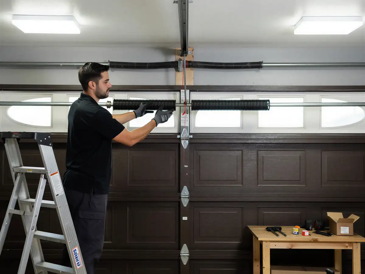 A technician installs a torsion spring on a brown garage door.