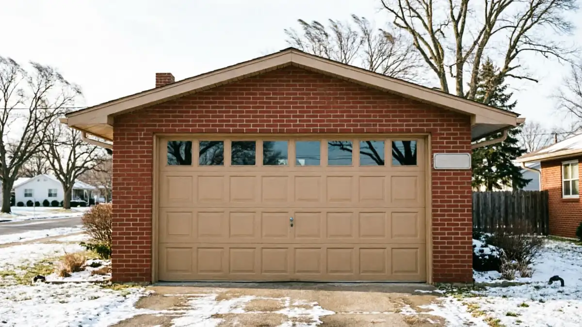 A tan garage door with windows is on a brick house with snow on the ground.